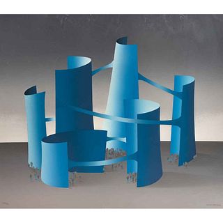 KURT LARISCH. Blue Structures. Firmada. Serigrafía 199 / 200. 66 x 77 cm