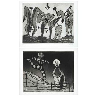 SERGIO HERNÁNDEZ, La cerca y Cirqueros, de la serie Presencias, 1987, Firmados, Grabados al aguafuerte 4/20 y 6/20, 20x26 cm c/u, pz: 2