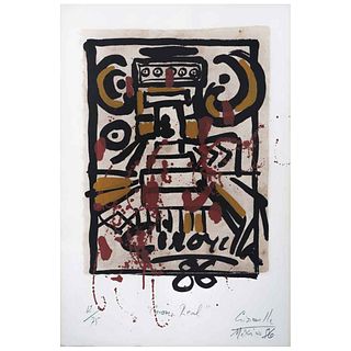 ALBERTO GIRONELLA, Sin título, de la carpeta Copilli: corona real, Firmada y fechada 86, Serigrafía s/papel amate 12/75, 46 x 32 cm