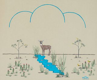 Michael Pahse-Topah [No-Pa-Walla], Untitled (Deer with Blue Creek), 1975
