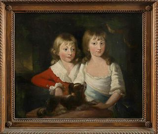 Fine 18th Century British Oil Painting Portrait of Two Children with Spaniel Dog