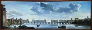 ENORMOUS SIGNED OIL PAINTING - HISTORICAL RIVER THAMES LONDON SKYLINE PANORAMIC