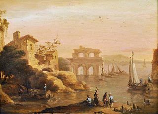 1700's ITALIAN/ AUSTRIAN OIL ON PANEL - CAPRICCIO COASTAL SCENE FIGURES & BOATS