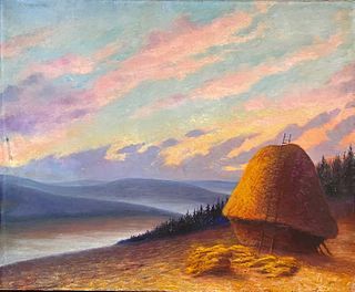 Huge French Impressionist Oil Painting - Haystacks at Sunset - Fine Landscape
