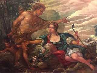Huge Antique French Rococo Oil Painting Mythological Lovers in Landscape