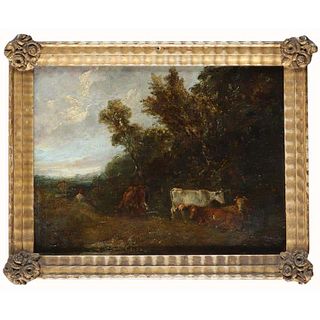 Mid Victorian English Landscape with cattle and a drover by a pond, oil on panel