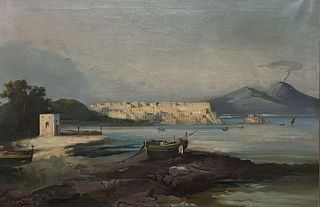 Mount Vesuvius Naples, 19th century Italian Oil Painting Signed & dated