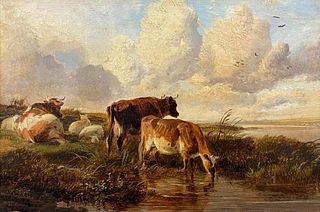 Original Victorian Signed Oil Pastoral Landscape Cattle & Sheep Resting by Water