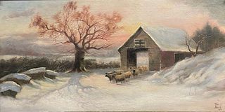 Sheep in Winter Snow Sunrise Farm Landscape Antique British Oil Painting, signed