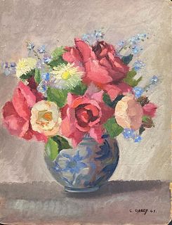 1940's Vintage French Flower Painting Still Life Roses in Vase, signed