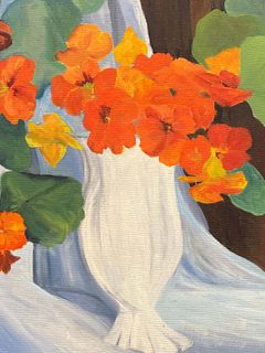  1970's French Orange & Green Flowers & Plants Interior Scene French Oil Painting