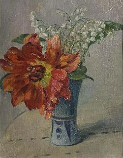 Early 1900's French Oil Red & White Flowers in Blue Vase, Framed
