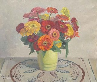 1930's FRENCH SIGNED VINTAGE OIL PAINTING - FLOWERS IN YELLOW VASE INTERIOR