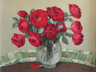 Primo Dolzan 1930’s French Impressionist Oil Painting - Red Flowers in a Vase