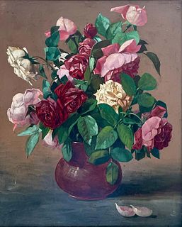 Isidore Rosenstock Beautiful Original French Vintage Flower Painting Red & Pink Roses in Bowl