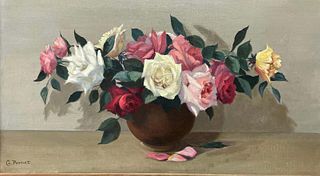 G. Pernet Large 20th Century French Impressionist Signed Oil - Beautiful Roses in Bowl