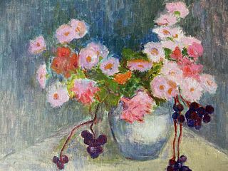 SIMONE RAMEL (FRENCH 1960'S) SIGNED OIL - FLOWERS IN VASE - PINK SHADES
