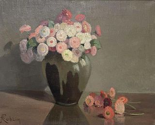 1950's FRENCH FLOWER OIL PAINTING - PASTEL SHADES OF PINKS GREENS & GREY COLORS