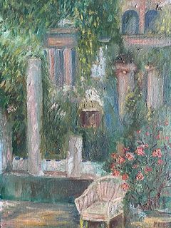 Antique French Impressionist Oil - Summer Garden Flowers and Chair