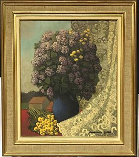 1950'S FRENCH SIGNED FRENCH MODERNIST OIL - LILAC FLOWERS AGAINST LACE LANDSCAPE