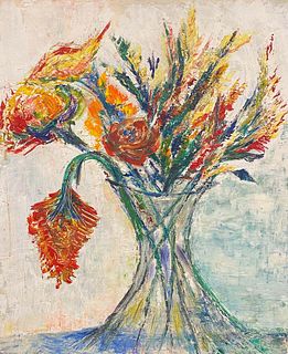 P Vilette 20th Century Original Expressionist Oil Painting - Beautiful Bouquet In Vase