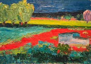 Provencal Landscape Poppy Fields Original Oil Painting c. 1950's