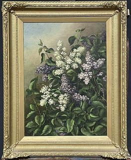 ANTIQUE ENGLISH OIL PAINTING - STILL LIFE OF LILAC FLOWERS - ANTIQUE GILT FRAME