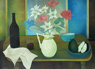 Albert Labachot (1915-1992) Large French Modernist Oil Still Life Flowers Fruit