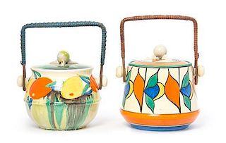 Two Clarice Cliff Bizarre Ware Pottery Biscuit Barrels, Height of tallest 7 inches.
