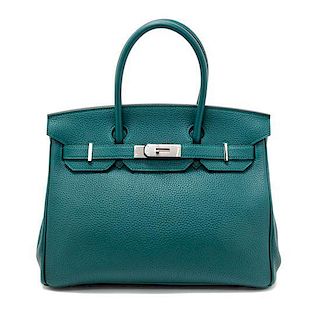 An Hermes Malachite Togo 30cm Birkin Handbag, 12" x 8.5" x 6".