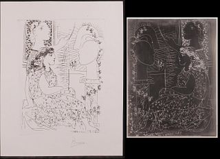 After Pablo Picasso: Zinc Etching Plate and Corresponding Print Two Women Looking at a Sculpted Head
