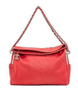 A Chanel Pink Calfskin Leather Fold Over Handbag, 12.5" x 11" x 4".