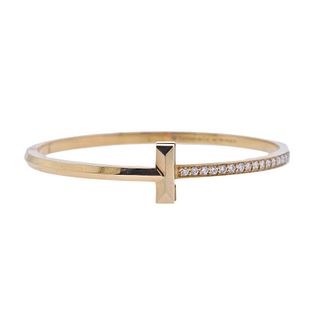Tiffany & Co T1 Narrow Diamond 18k Gold Hinged Bracelet
