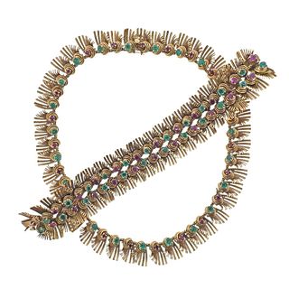 French 1960s 18k Gold Ruby Emerald Bracelet Necklace Set