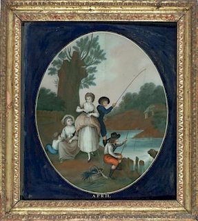 Five Chinese Export Reverse Paintings on Glass Months of the Year, c. 1795