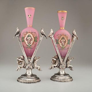 Art Glass Vases with Reed & Barton Silverplated Figural Stands 