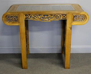 Asian Carved Console with Glass Inset Top.