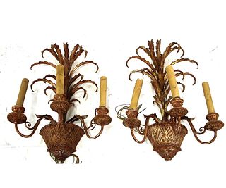PAIR OF ANTIQUE CARVED & GILDED WALL SCONCES
