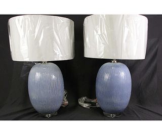 PAIR OF BLUE ART GLASS TABLE LAMPS