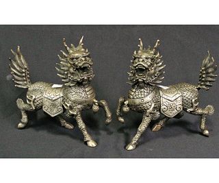 PAIR OF SILVERED BRONZE FOO DOGS