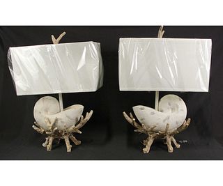 PAIR OF CAST NAUTILUS SHELL LAMPS
