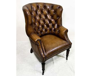 BROWN LEATHER BUTTON TUFTED WINGBACK CHAIR