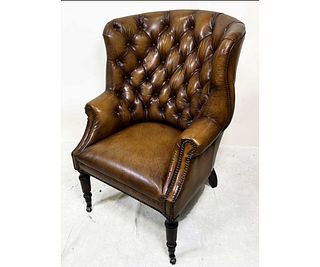 BROWN LEATHER BUTTON TUFTED WINGBACK CHAIR