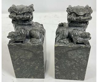PAIR OF ANTIQUE CARVED SOAPSTONE FOO DOG  BOOKENDS