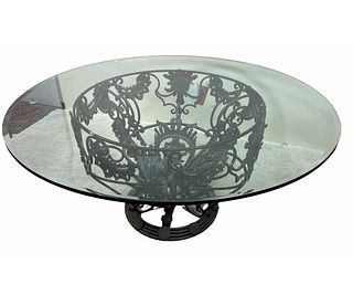 ART DECO ORNATE IRON BASE ROUND GLASS TOP TABLE