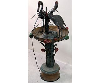 PAINTED & GILT ACCENT BRONZE FOUNTAIN WITH CRANES