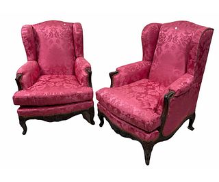PAIR OF RED SILK WING CHAIRS