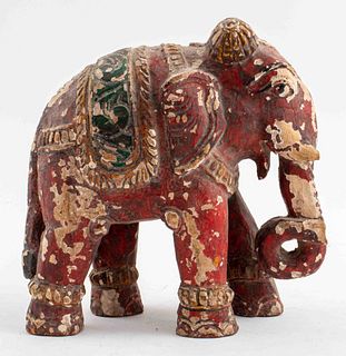 Indian Polychrome Hand-Carved Wooden Elephant