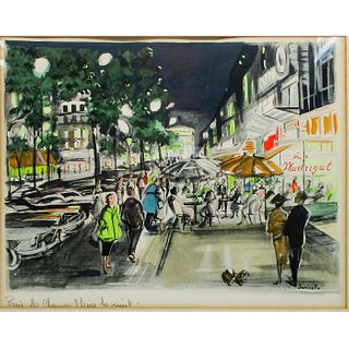 Janicotte Watercolor Print, Paris Scene on Champs-Elysees