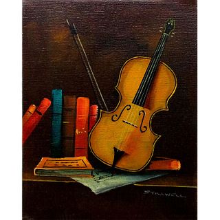 Stillwell Oil on Canvas, Untitled, Violin and Books